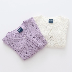 Toddler girl's pointelle knit cardigan in lavender and cream white colors