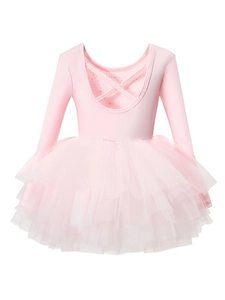 Robe de ballet rose à manches longues pour filles avec corsage pailleté et dos croisé