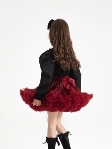Girls long sleeve black top and wine red layered tutu skirt set for party wear