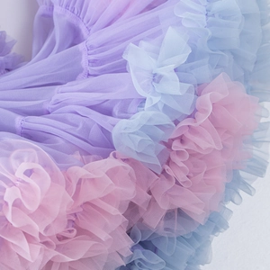 Detailed view of multilayered pastel tulle ruffles in pink, purple and blue for tutu dress