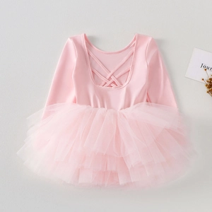 Detailed back view of pink long sleeve ballet leotard with crisscross straps and white tutu