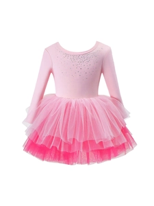 Tutu de ballet rose à manches longues pour filles avec strass et jupe en tulle multicouche