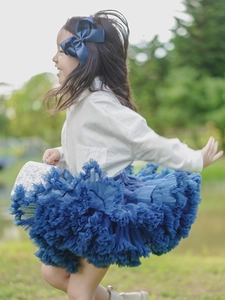 Girl's dark blue multilayer tutu skirt with white long sleeve shirt for outdoor activities