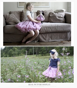 Detail of layered light purple mesh tutu skirt with ruffled edges for young girls