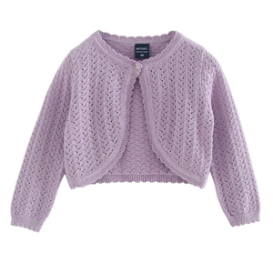 Toddler girl purple knit shrug with hollow wave pattern and scalloped edges for summer