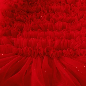 Detail of red tiered tutu dress featuring layered mesh fabric with silver sparkles
