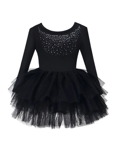 Robe de ballet noire à manches longues pour filles avec strass et jupe en tulle multicouche