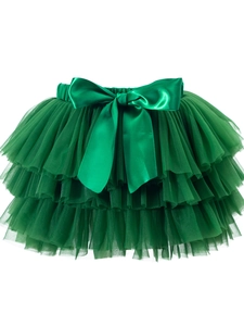 Vibrant green layered mesh tutu skirt for baby girls with large decorative satin bow