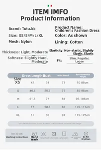 Detailed size chart for girls starry tulle tutu dress with measurements from XS to XL