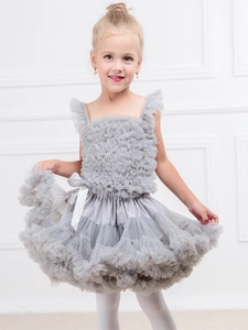 Grey girls tutu dress set with multi-layer mesh skirt and white satin waist bow