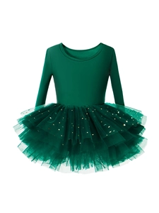 Dark green girls long sleeve ballet tutu dress with sparkling gold sequins stars