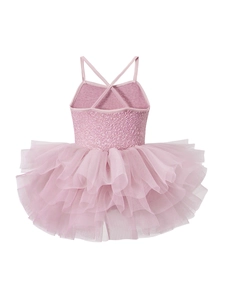 Pink girls ballet tutu dress with sequin bodice and criss-cross straps back view