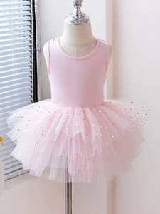 Pink sleeveless ballet tutu dress for girls with gold star and moon patterns