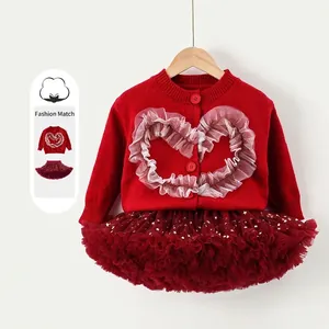 Mädchen Weihnachten Outfit Rote Strickjacke Pullover Mit Herz Netz Und Weinrot Stern Pailletten Tutu Rock Set Festliche Party Kleidung