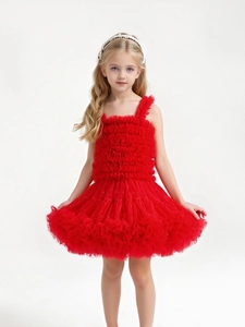 Girls red tiered tutu dress with spaghetti straps and matching pearl headband