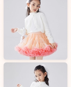 Detailed layered tulle tutu skirt for girls with orange to pink gradient and ruffled edges