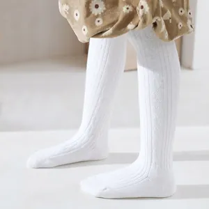 Kids Girls Combed Cotton Cable Knit Tights Solid Color Ribbed Leggings Breathable Autumn Spring Footed Pantyhose