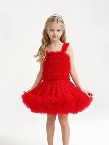 Girls red starry tulle tutu princess dress with layered ruffles and sleeveless design