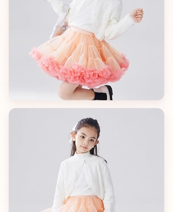 Detail view of girls layered tutu skirt with floral hem and white knit cardigan