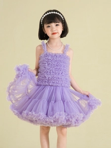Girls purple tiered mesh tutu princess dress with spaghetti straps and ruffles