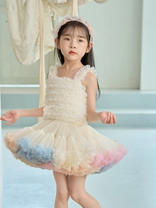 Girls layered tutu dress set with colorful macaron mesh skirt and matching headband