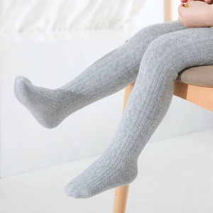 Girl's light grey ribbed cotton footed leggings for spring and autumn wear