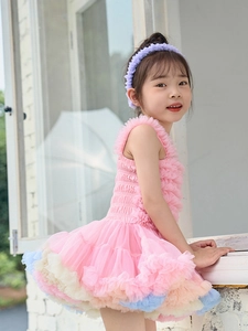 Pink layered tutu princess dress with purple headband for girls party and performance
