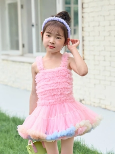 Pink tiered tutu dress for girls with pastel ruffles and adjustable shoulder straps
