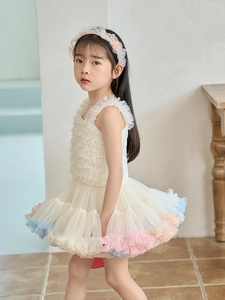 Starry girl's tutu princess dress with sleeveless pleated bodice and colorful mesh skirt