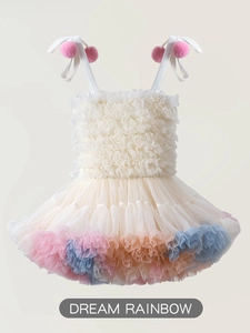 Sleeveless rainbow tutu dress for girls with pleated bodice and colorful mesh layers