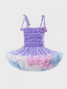 Girls purple tutu dress with pom-pom straps and multi-layer gradient mesh skirt