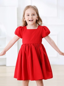 Robe Princesse pour Filles Style Français Col Carré Manches Bouffantes Vintage Couleur Unie Robe de Soirée Plissée Enfant