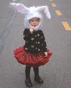 Détail de gilet noir à étoiles dorées et jupe tutu rouge multicouche pour filles