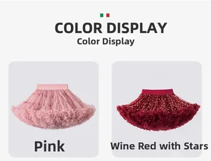 Detail view of pink and burgundy mesh tutu skirts with gold sequin star patterns