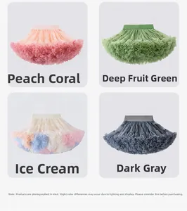 Multi-color girls tutu skirts in pink, green, rainbow, and grey layered tulle mesh fabric