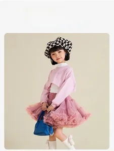 Detail of girls pink layered mesh tutu skirt with long sleeve California sweatshirt