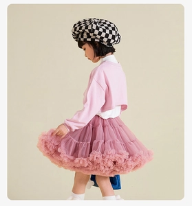 Detail of pink toddler tutu dress set with tiered mesh skirt and stylish floral ruffles