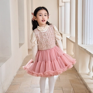 Detail of pink tweed sequin vest with pearl buttons and layered mesh tutu dress