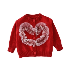 Rote Strickjacke für Mädchen mit Herz-Spitze-Rüschen und Knöpfen für Weihnachten
