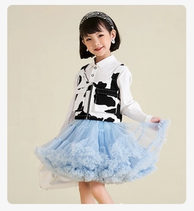 Girls fashion set with white collared shirt, cow print vest and blue mesh tutu skirt