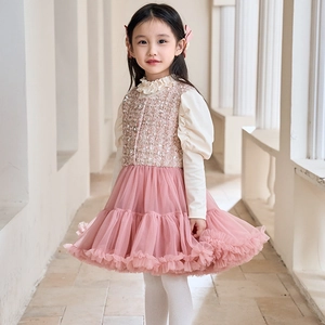 Girl's elegant pink sequin tweed tutu dress with ruffled collar and puffy sleeves