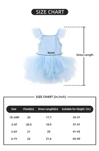 Tableau des tailles pour robe de ballet fille avec mesures de poitrine et de longueur