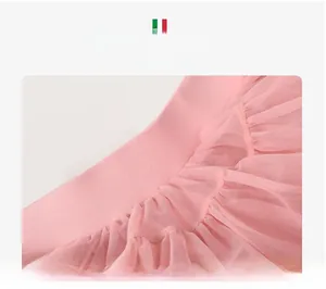 Detail of pink girls tulle tutu skirt featuring wide elastic waistband for comfort