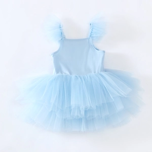 Robe de ballet bleu clair à manches volantées et jupe en tulle multicouche à plat