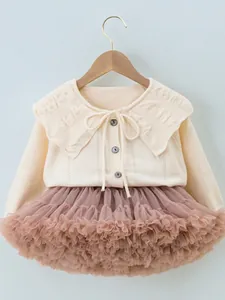 Girls Knit Cardigan And Tutu Skirt Set Princess Ruffle Collar Long Sleeve Top Tulle Skirt 2 Pieces Kids Autumn Outfits