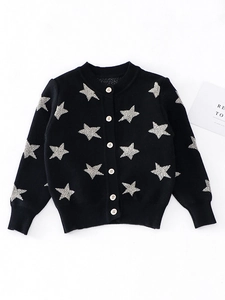 Gilet en tricot noir pour filles avec motifs étoiles et col rond pour automne-hiver