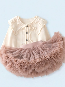 Girls cream knit cardigan with bow collar and rose pink tutu skirt two-piece set