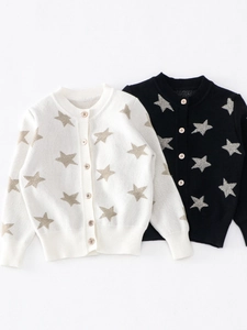 Cardigan en tricot pour filles avec motifs d'étoiles en noir et blanc, ensemble en coton