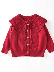Girls dark red knitted cardigan with large ruffled collar and delicate bow tie closure