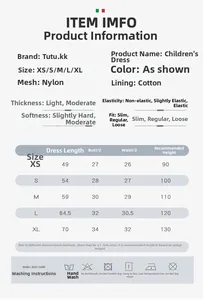 Size chart and washing instructions for girls lace mesh princess dress with dimensions